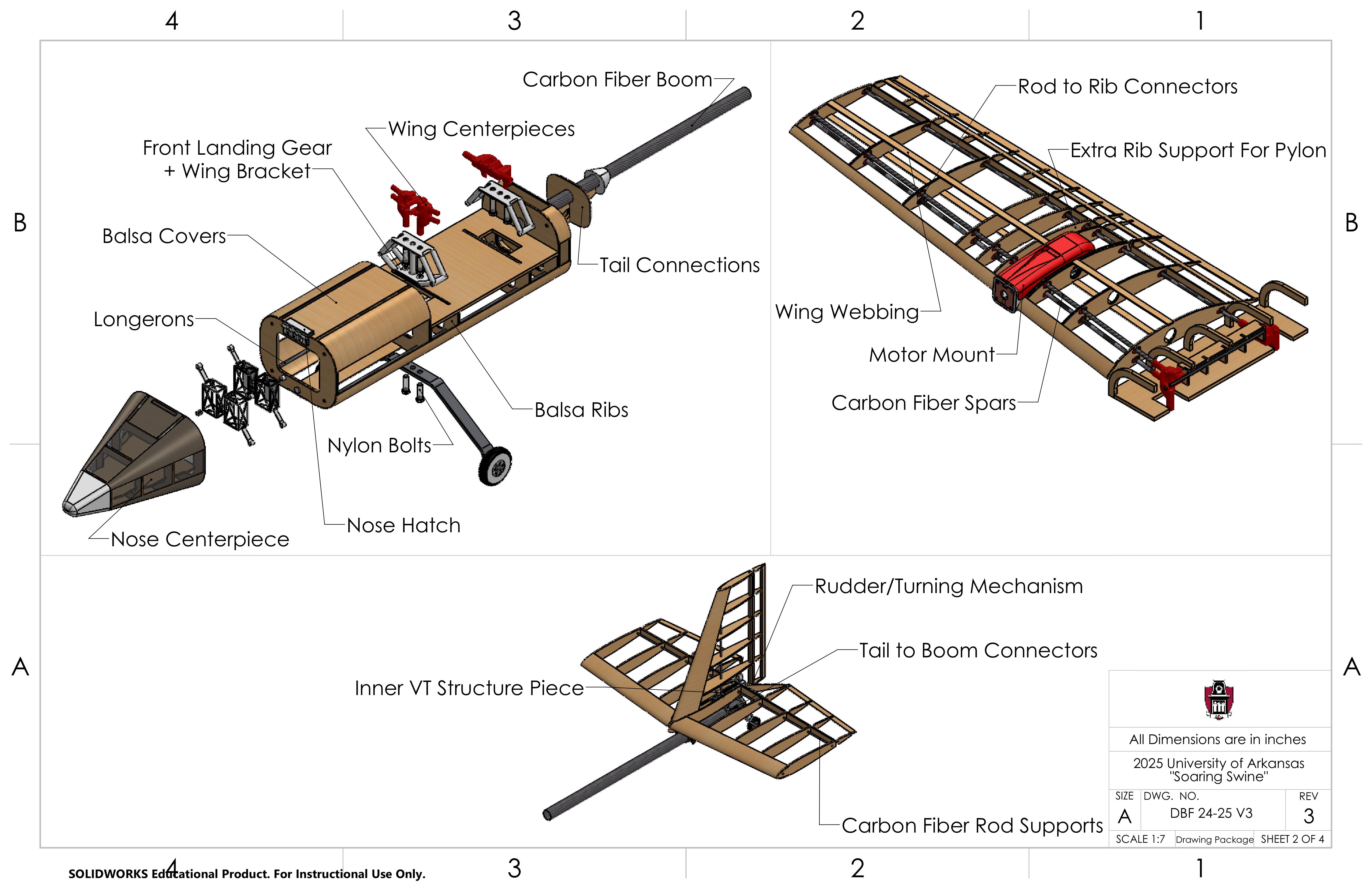Exploded fuselage, wing, and tail assembly